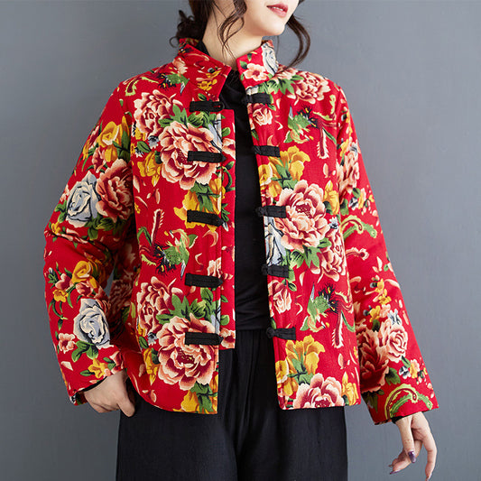 The real shot will be in the autumn and winter of 2025, the new ethnic style peony flower plus cotton button short cotton-padded clothes.