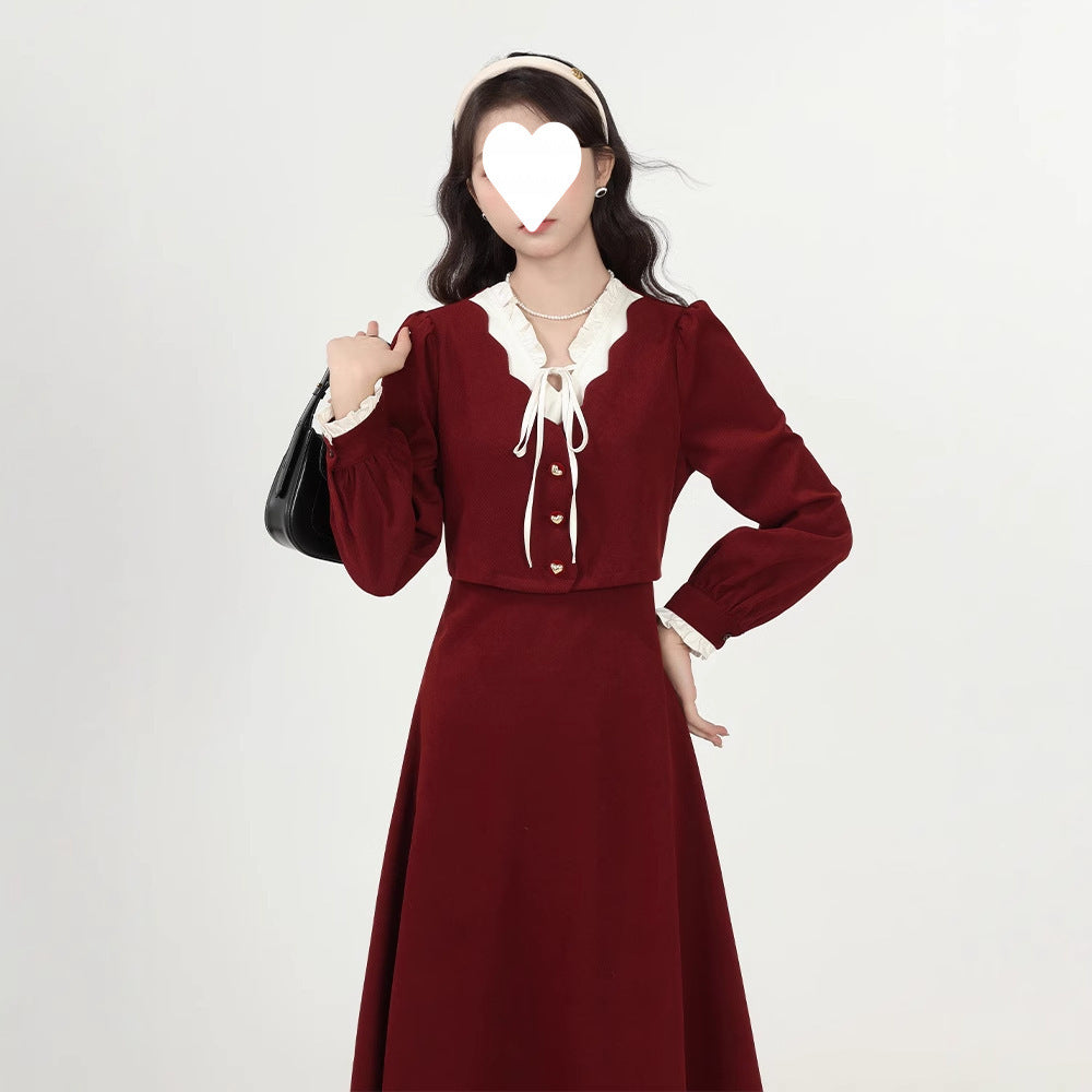 Autumn and winter new Christmas New Year's Eve New Year's robe slightly fat temperament thin fake two French red dresses