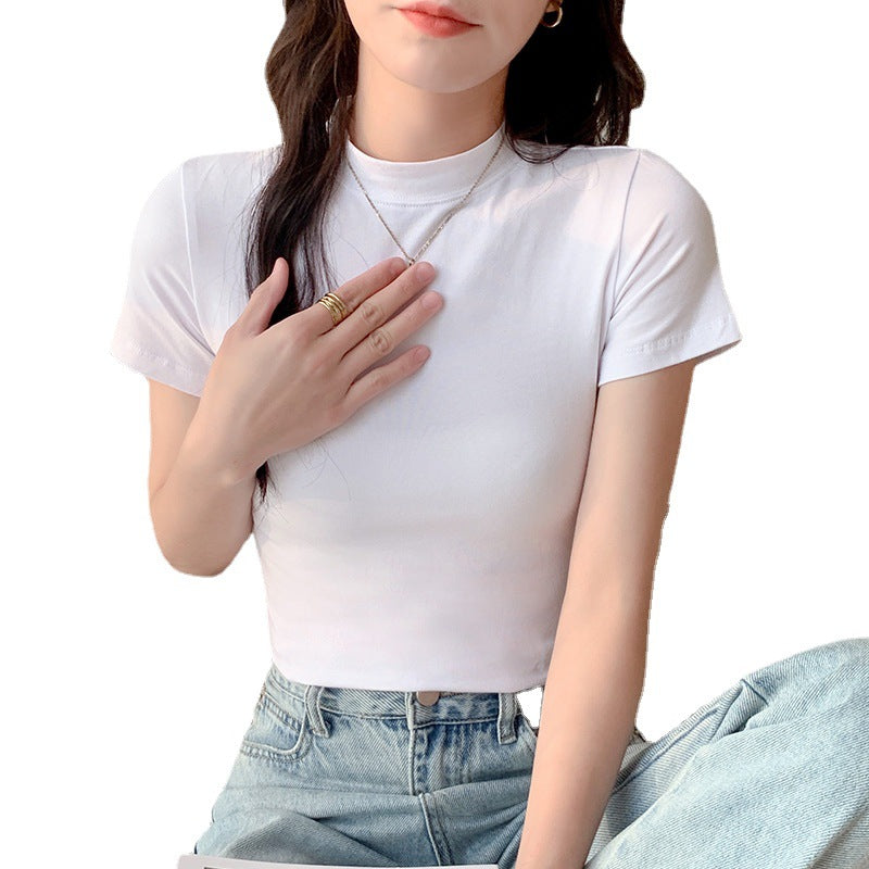 Short-sleeved T-shirt women's summer ins trendy Hong Kong style solid color semi-turtleneck base shirt skinny cropped top slim fit