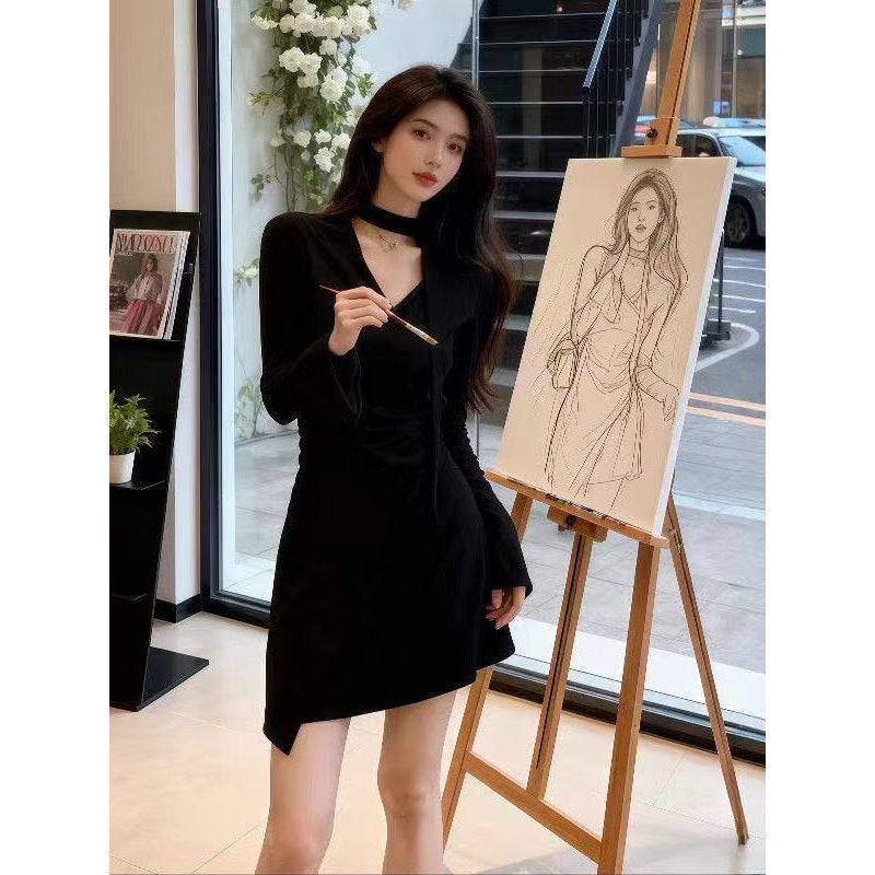 Korean waist pleated bottom polished skirt temperament small irregular high-end V-neck autumn and winter dress