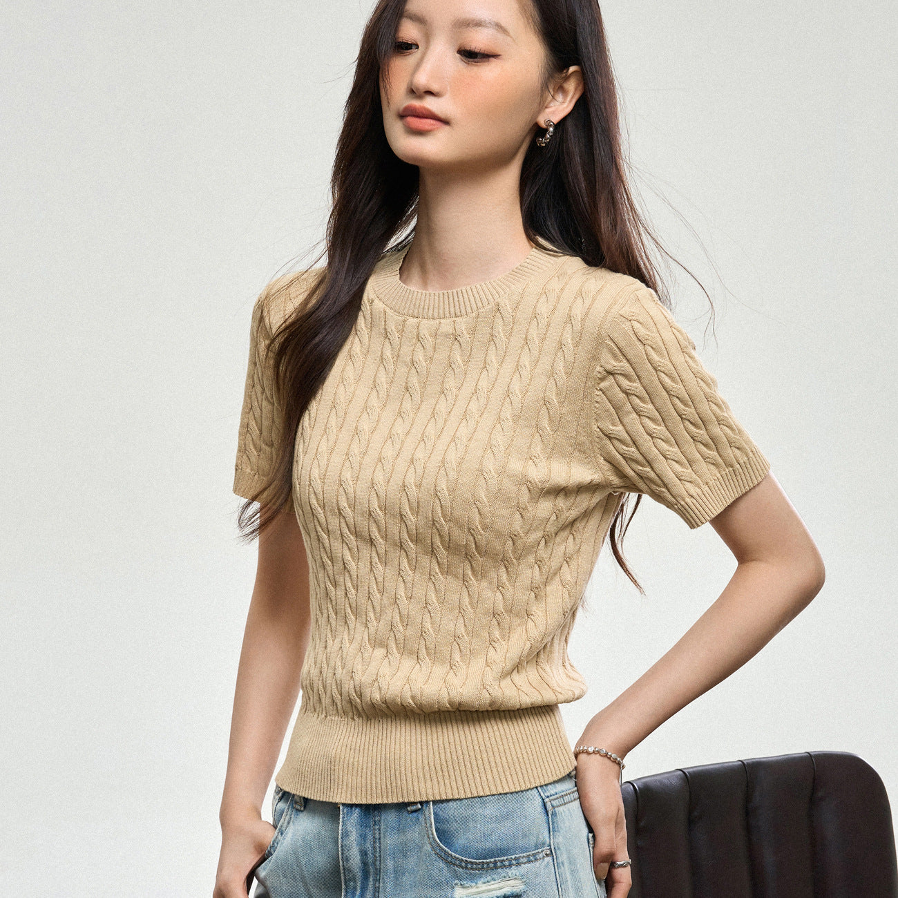 100% cotton knitted sweater women's summer new temperament high-end sense thin twist thin short-sleeved crew neck top thin