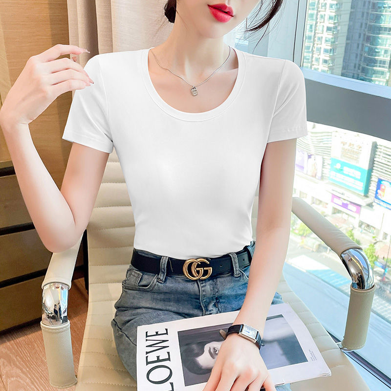 Lotus root pink short-sleeved t-shirt women's pure cotton high-end sense, unique and beautiful waist pinch and thin short slim-fitting front shoulder top