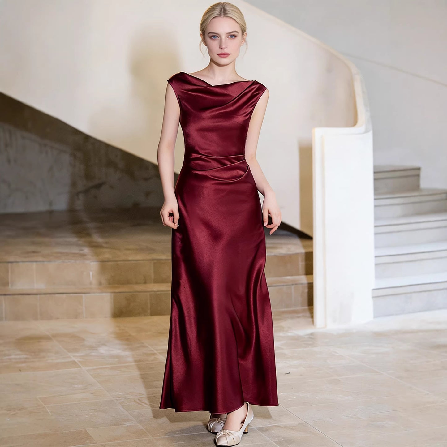 Haute couture French swing collar high sense design sense satin acetate seaside vacation wedding party dress dress women