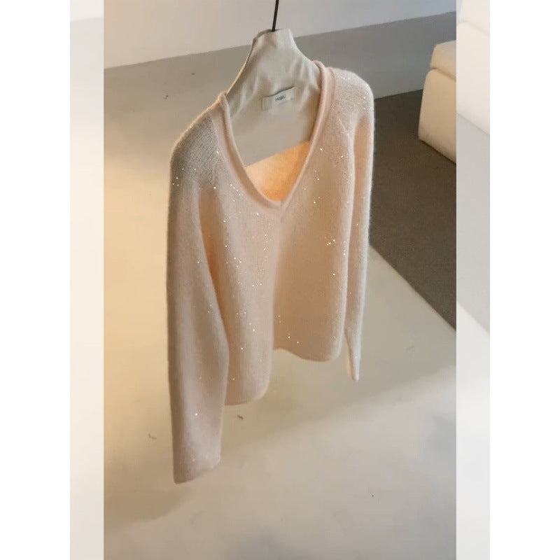 Lazy high-end pink V-neck pullover sweater women wear in autumn and winter, a great-looking loose and versatile knitted top