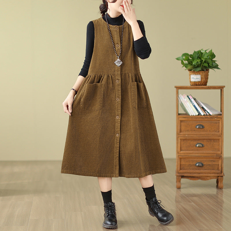 Real shot 2025 spring new literary loose solid color corduroy sleeveless dress women's vest skirt single piece 8386