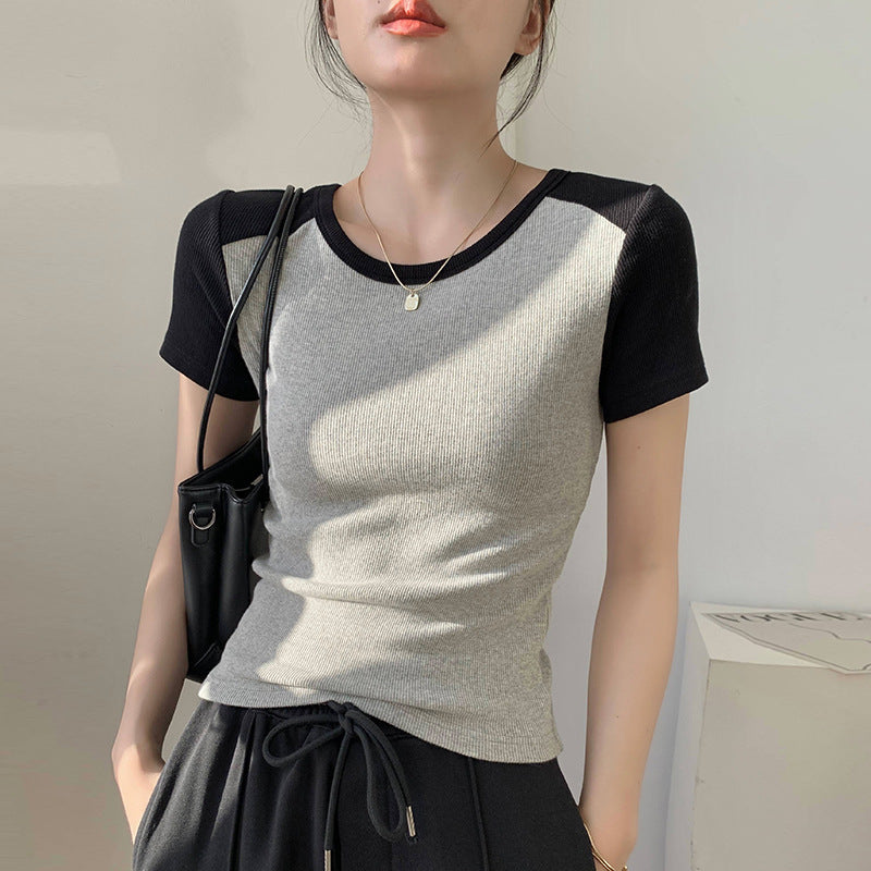 Excellent cotton splicing short-sleeved T-shirt women's summer foreign style design sense 2026 new slim-fitting and thin versatile bottoming shirt top