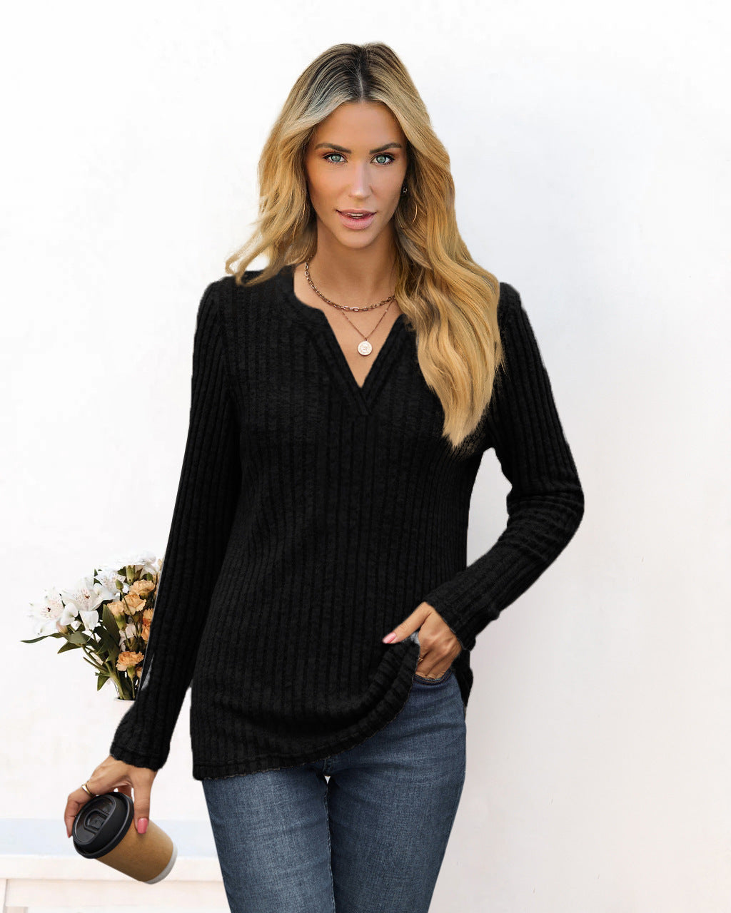 Amazon 2025 European and American cross-border foreign trade autumn and winter new solid color V-neck loose casual long-sleeved T-shirt top women