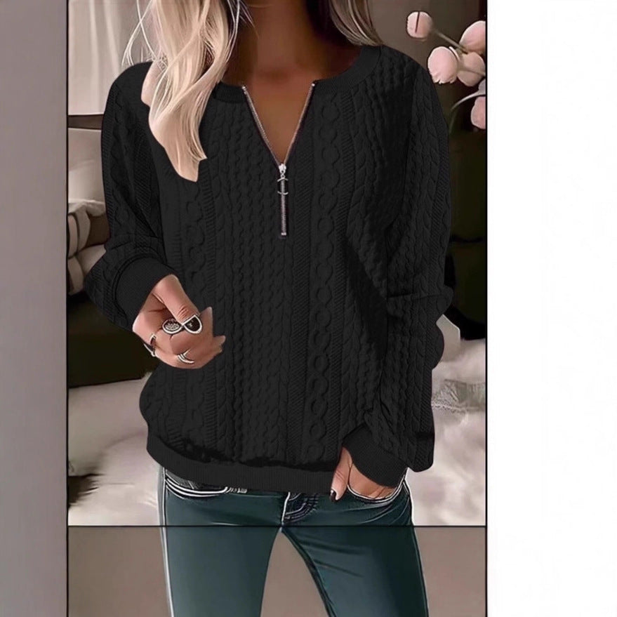 2025 European and American cross-border Amazon independent station autumn and winter new women's clothing long-sleeved solid color V-neck zipper T-shirt top