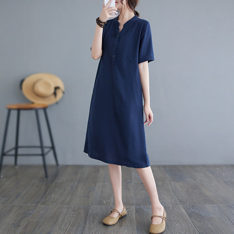 The real shot is in the summer of 2025, the new literary and loose solid color cotton and linen V-neck short-sleeved dress for women's medium and long 1685 #