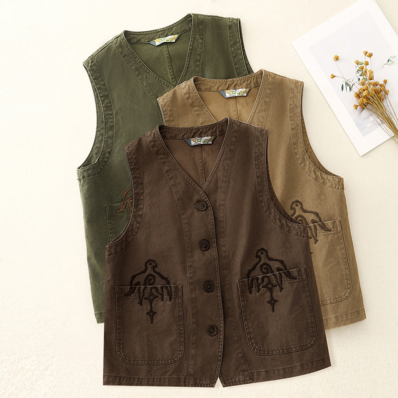 Real shot 2025 spring new literary embroidery pocket tooling vest vest vest vest horse girl