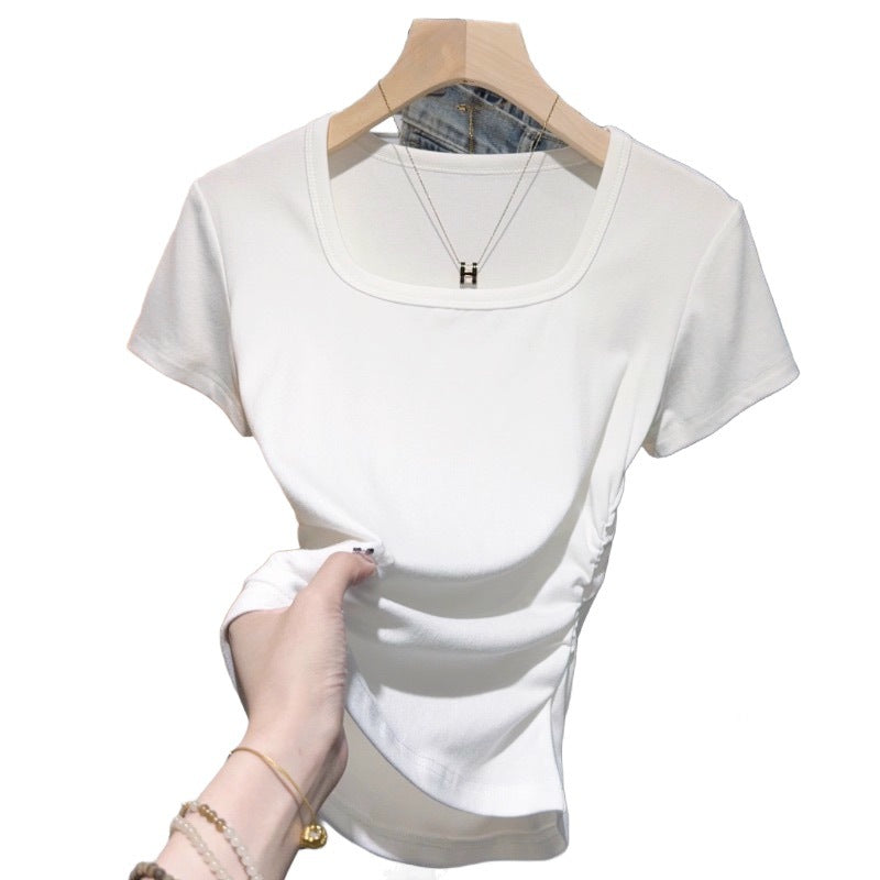 Gray square neck short-sleeved T-shirt women's summer 2025 new waist pleated small fragrant slim-fitting and thin shoulder top