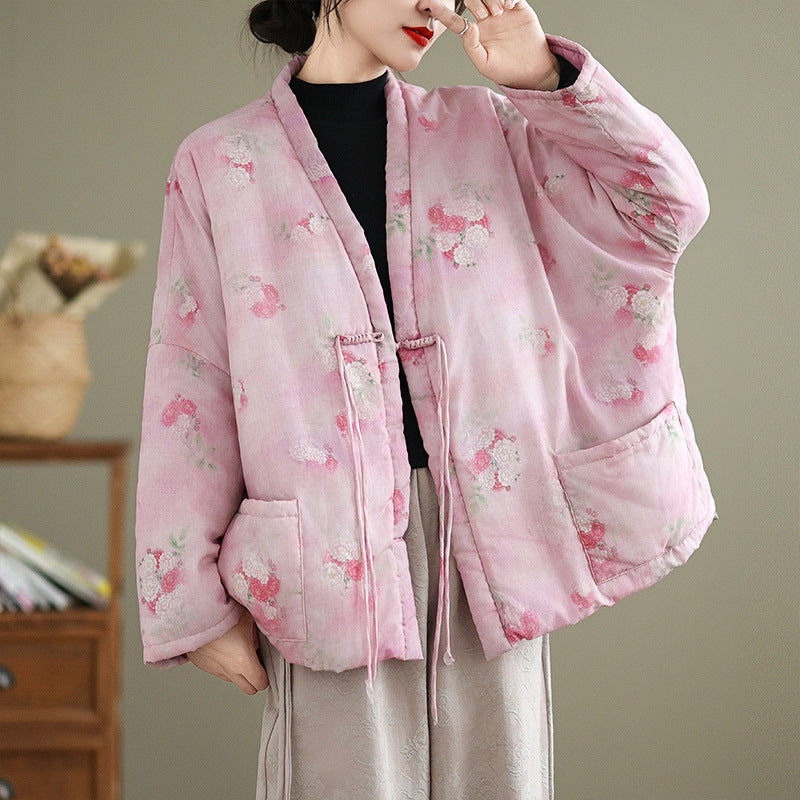 Real shot 2025 autumn and winter new retro national style buckle loose and thin V-neck open chest large size warm cotton-padded clothes