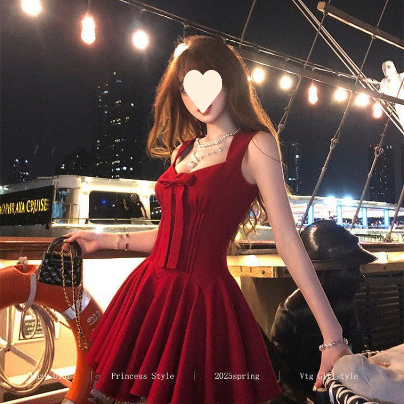 Bow new dress rose life summer premium French daughter waist thin birthday princess short dress