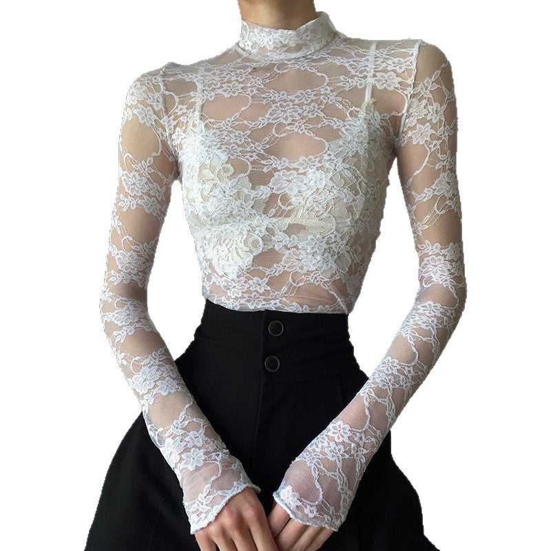 Love cloth forget European and American solid color temperament perspective slim-fitting backing lace long-sleeved spice girl sexy pure desire mesh top