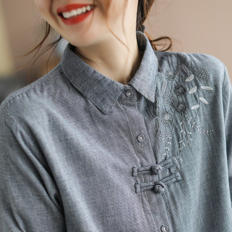 2024 Spring New Literary Loose Cotton and Linen Plaid Embroidery Lapel Button Long Sleeve Shirt Women's Shirt Top