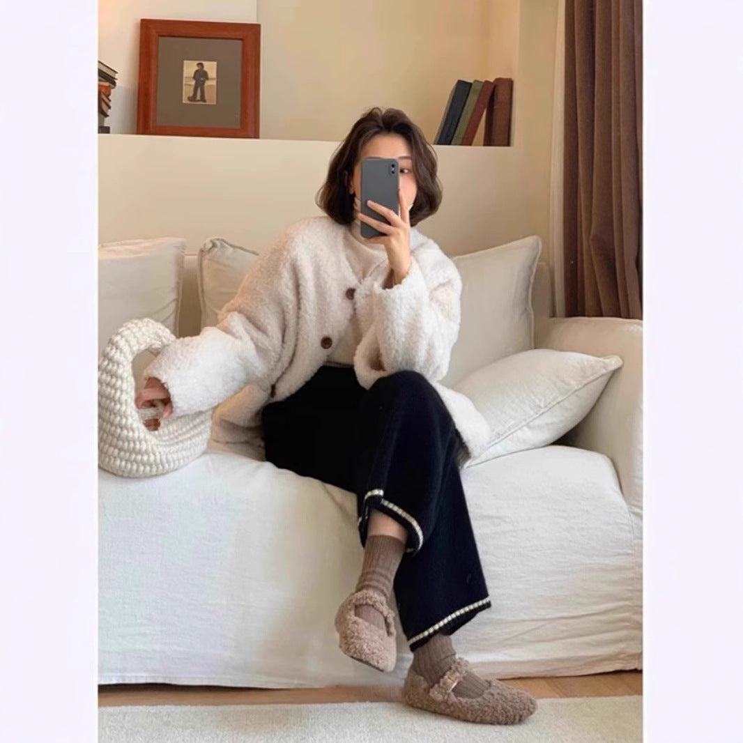 Wool knitted pants gray pants women's 2024 new autumn and winter small nine-point wide-leg pants grandma pants wool pants