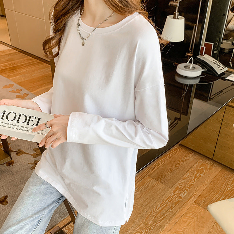 Cotton slit mid-length loose long-sleeved T-shirt base shirt women's crew neck spring and autumn new inner top