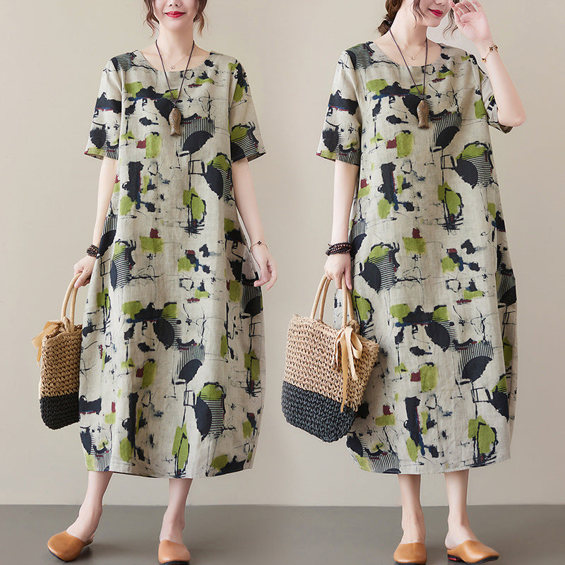 Real shot 2025 summer new literary loose cotton and linen printing round neck short-sleeved dress women's medium and long #8363