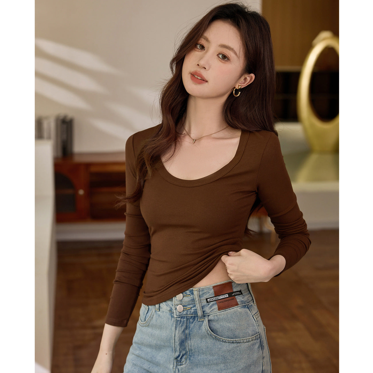 230G pure cotton long-sleeved women's T-shirt front shoulder 2026 autumn clothes new slim-fitting and thin solid color large-size top bottoming shirt