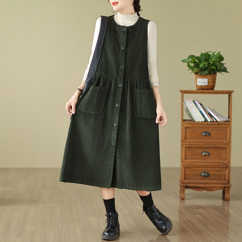 Real shot 2025 spring new literary loose solid color corduroy sleeveless dress women's vest skirt single piece 8386