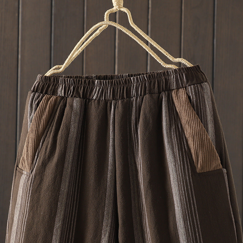 Real shot 2025 autumn and winter new literary loose vertical stripe casual padded cotton warm Harlan pants cotton pants outer wear