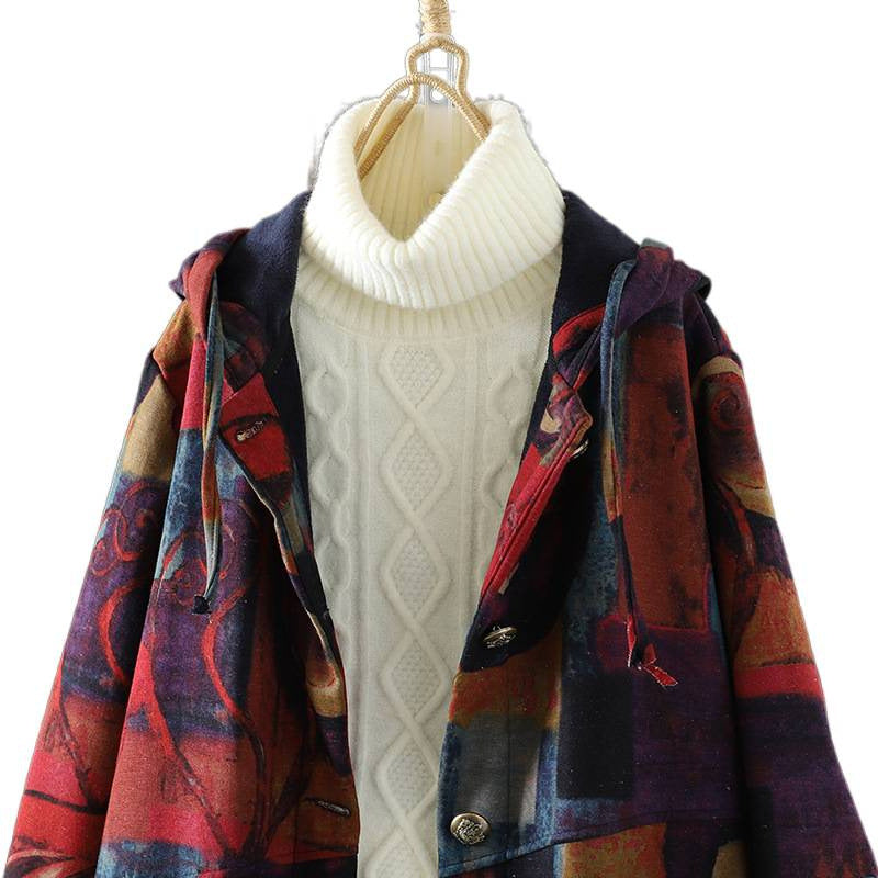 Mom's cotton-padded clothes are piled and thickened. In the autumn and winter of 2025, the new long loose belly-covering printed hooded cotton jacket.