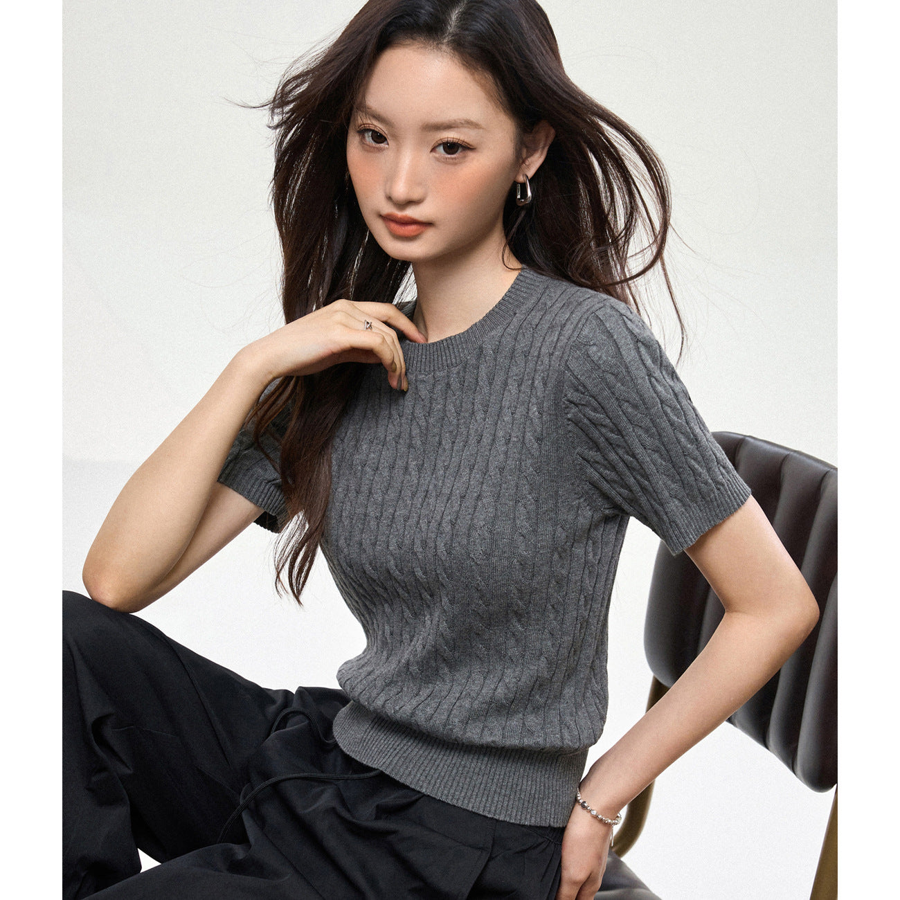 100% cotton knitted sweater women's summer new temperament high-end sense thin twist thin short-sleeved crew neck top thin