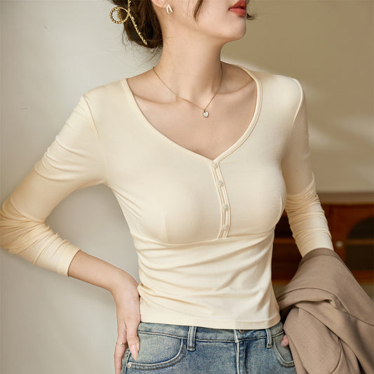 #Quality to do high quality #temperament age reduction design sense T-shirt women's long sleeves 2026 autumn clothes new shell buckle pure desire top