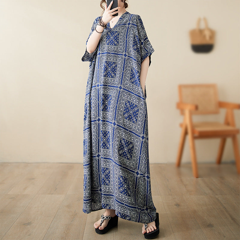 Real shot 20224 spring and summer V-neck thin cotton and linen large size loose literary holiday wind beach skirt retro long robe