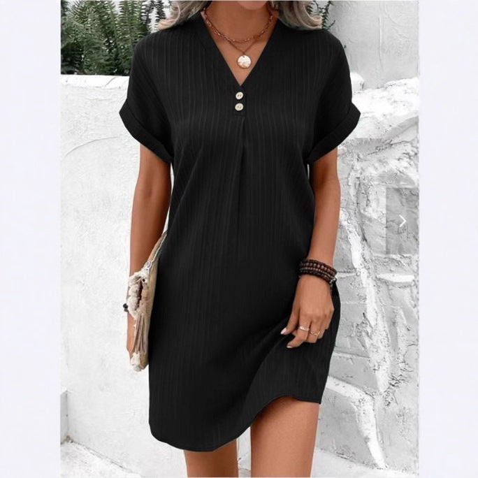 Cross-border European and American women's clothing 2025 new Amazon V-neck solid color pullover comfortable and casual button dress