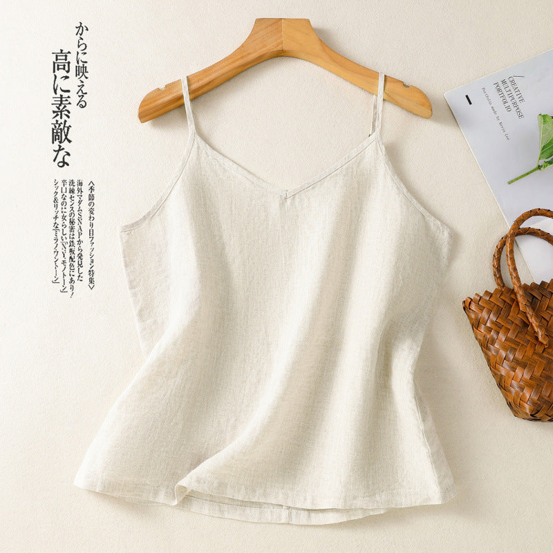 Real shot 2025 summer new cotton and linen V-neck adjustable shoulder strap simple suspender vest top women