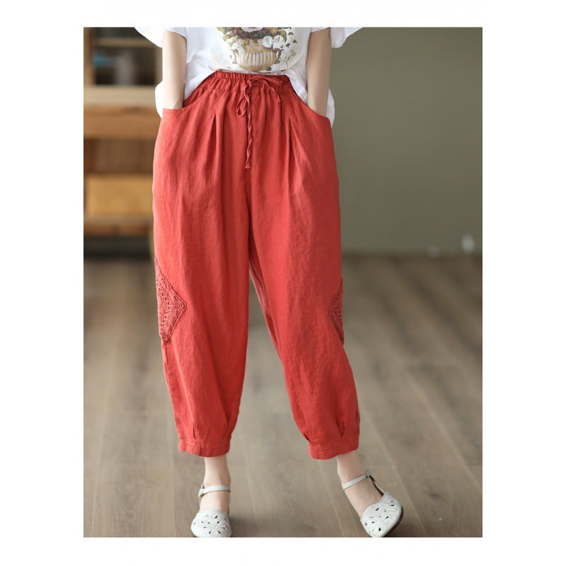 2025 summer new literary loose solid color cotton and linen elastic waist Harlan pants women's nine-point pants #1319