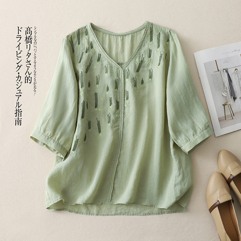 Real shot 2025 summer thin V-neck five-quarter sleeve pullover literary cotton and linen loose top T-shirt women's clothing