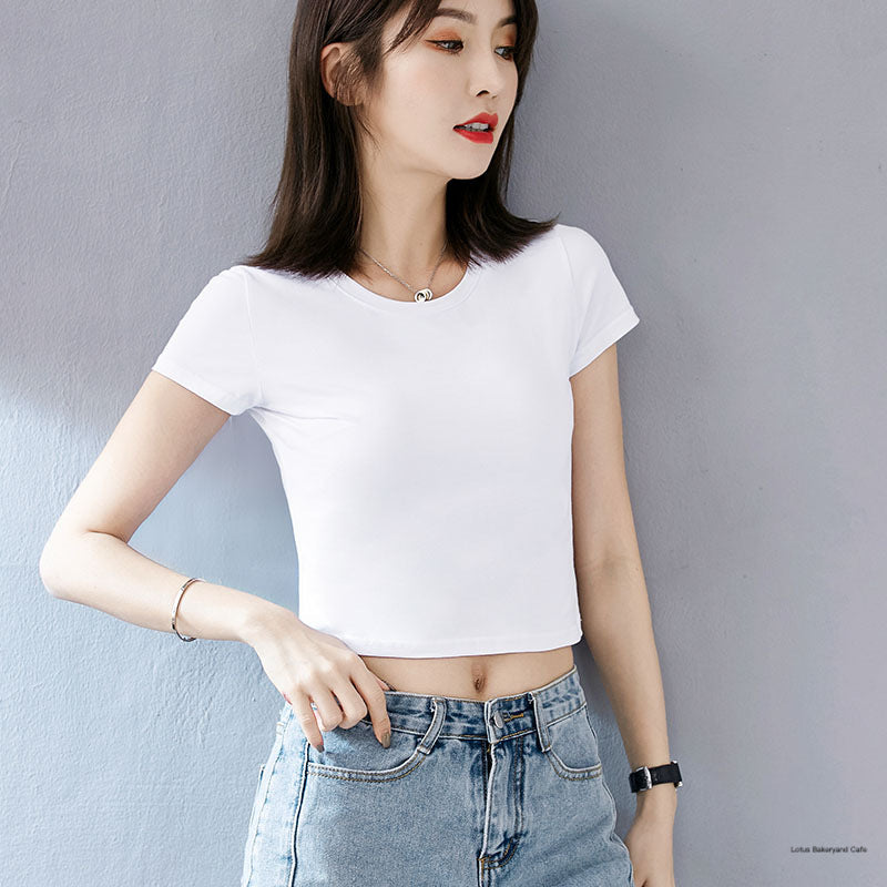 White slim-fitting open-navel short-sleeved T-shirt women's Korean version of versatile high-waisted ultra-short sweet and cool style beautiful chic top summer