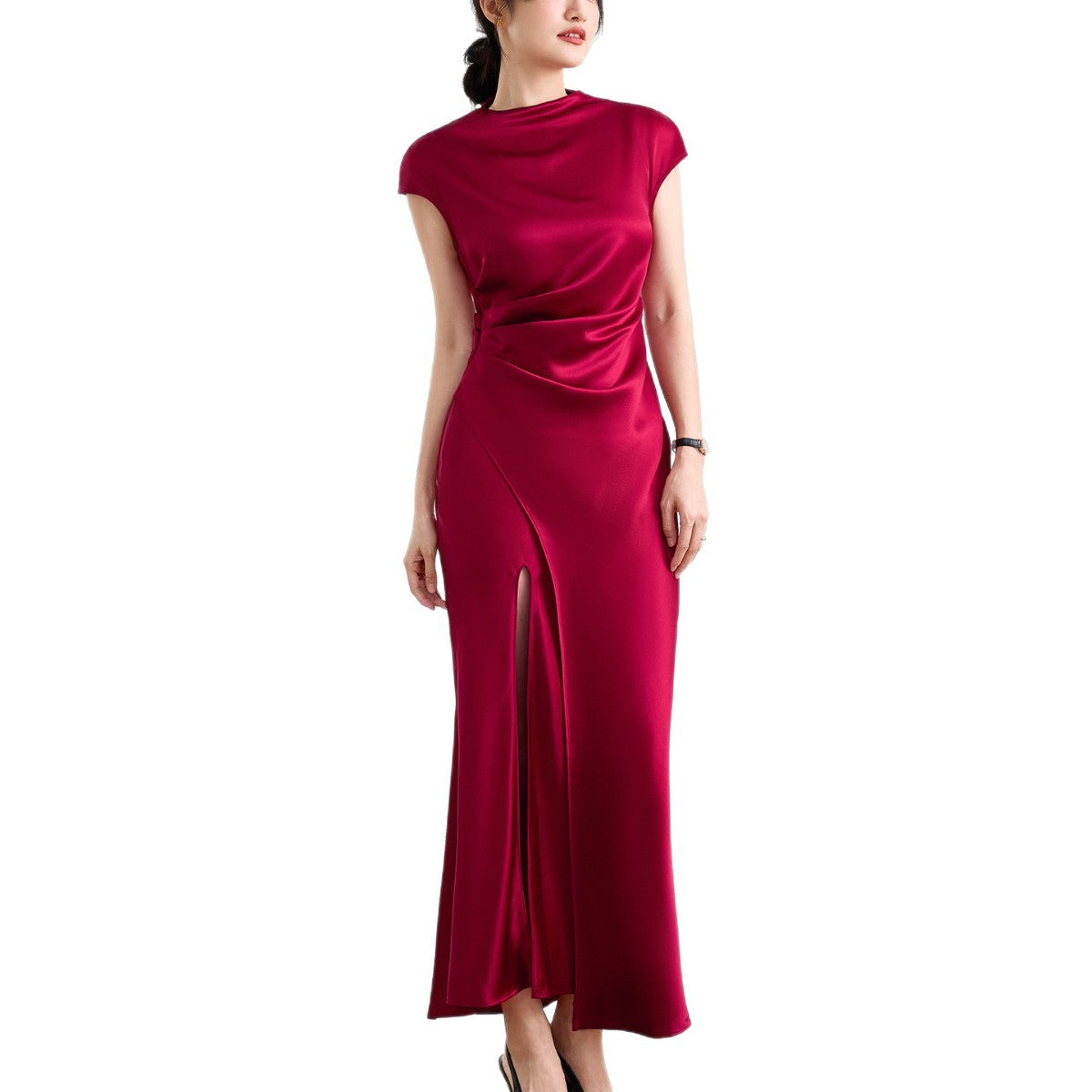 Haute couture imported acetic acid, pure desire style semi-turtleneck satin dress temperament thin split fork fish tail long dress French