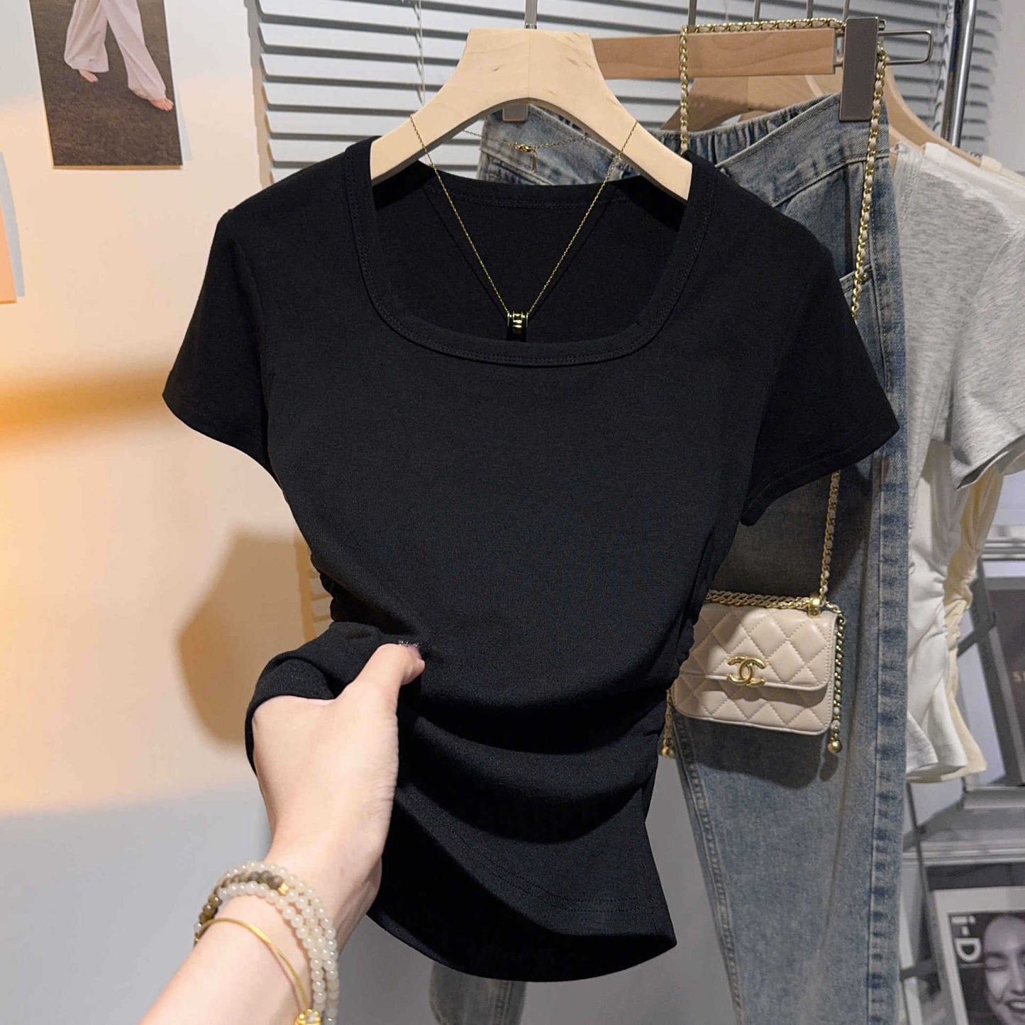 Square collar sweet girl short-sleeved T-shirt women's summer 2025 new waist pleated small fragrant slim-fitting and thin shoulder top