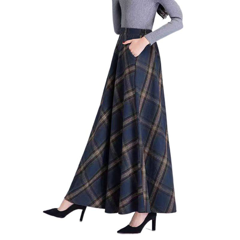 2025 autumn and winter women's new plaid woolen skirt women's high-waisted A-shaped long skirt big swing skirt umbrella skirt