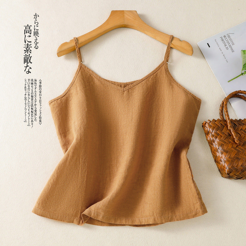 Real shot 2025 summer new cotton and linen V-neck adjustable shoulder strap simple suspender vest top women