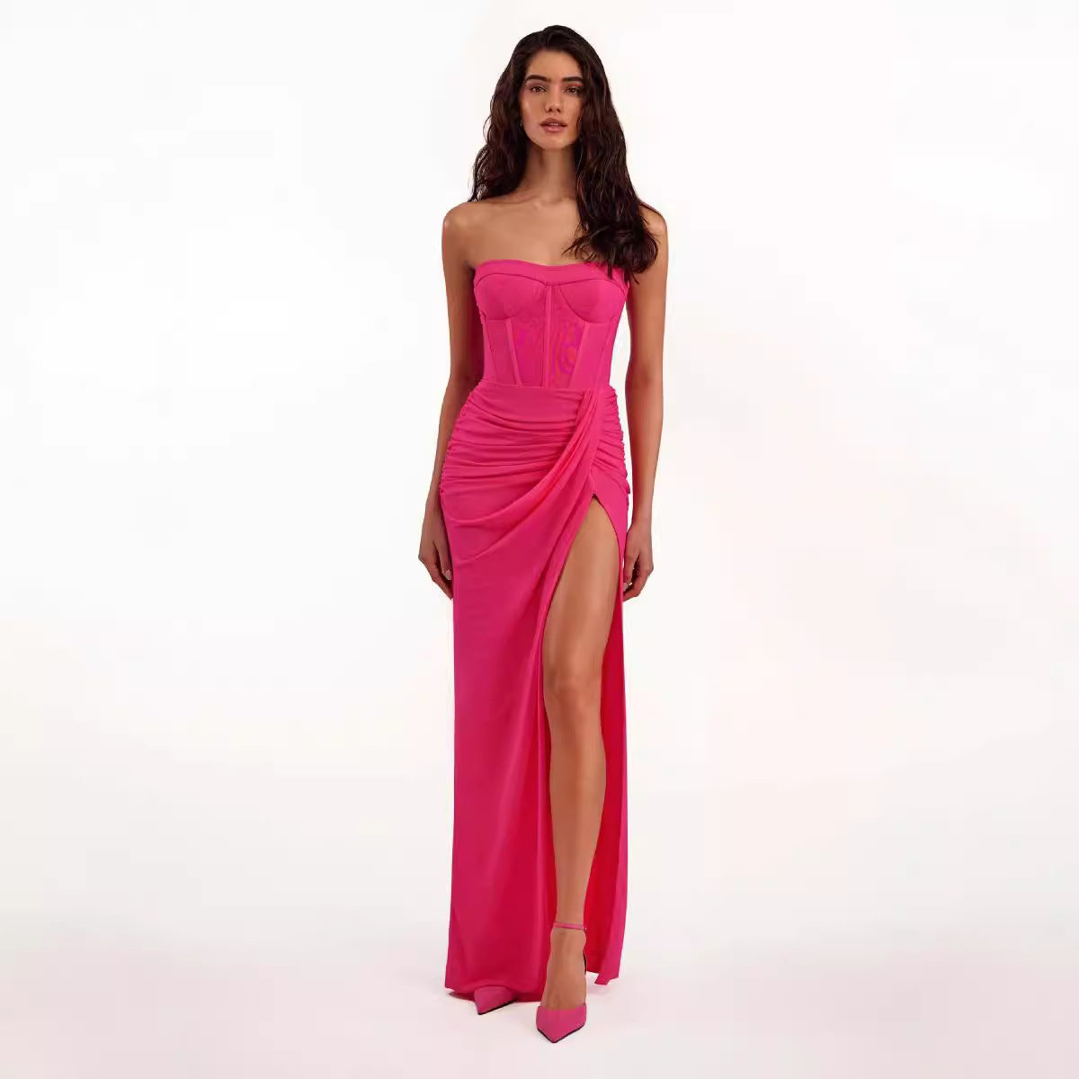Fashion high-end European and American sexy bandeau backless dresses long slim crinkled hem slit banquet evening dresses