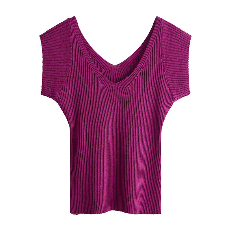 #Two wear V-neck #show chest big waist thin small spice girl flying sleeve ice silk short sleeve women's summer pit strip knitted T-shirt pure desire top