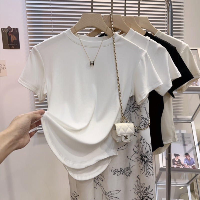 Irregular curved white ice silk short-sleeved t-shirt women's drape feeling slim and thin versatile thin semi-turtleneck top trendy