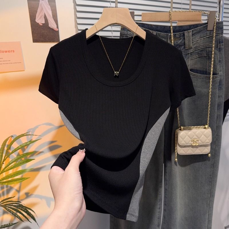 European color matching V-neck short-sleeved T-shirt women's summer new ice silk bottoming shirt with fashionable high-end trend top