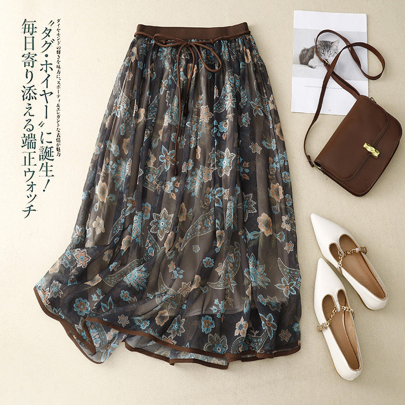 2025 summer new literary loose chiffon floral skirt women's medium and long anti-penetration gauze skirt A-shaped skirt 9018 #