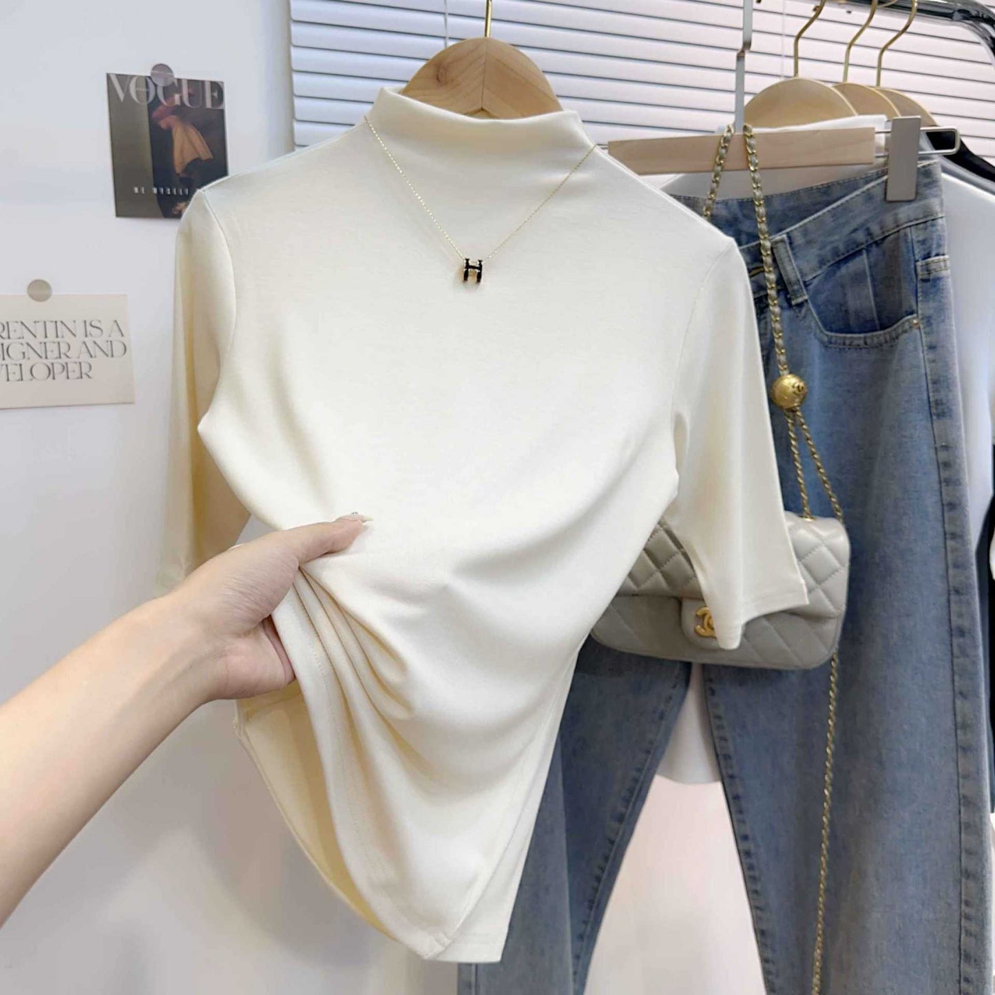 Medium-sleeved threaded bottoming shirt women's semi-turtleneck slim-fitting inner 2025 new five-quarter-sleeved spring and summer foreign-style versatile top