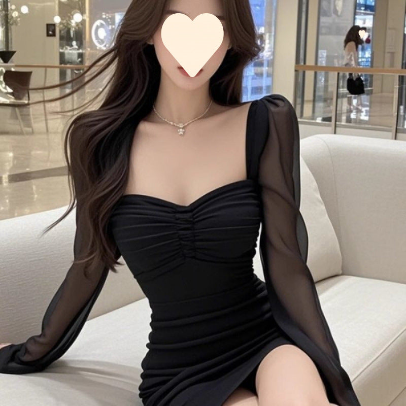 French high-end mesh splicing square neck dress, women's pure desire style slim-fitting inner cover bottom hip-wrapped short skirt