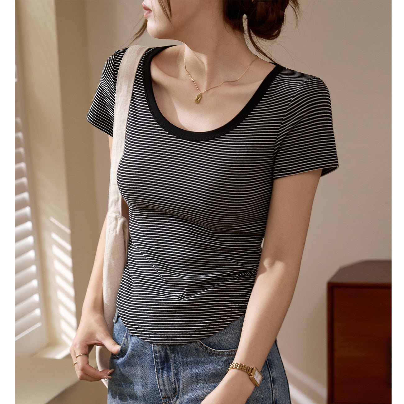 [High quality] Pure cotton striped short-sleeved T-shirt women's summer arc 2026 new round neck thin bottoming top