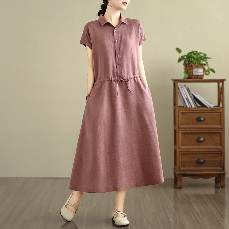 Real shot 2025 summer new cotton and linen shirt dress short sleeve lapel simple commuter shirt skirt women's clothing