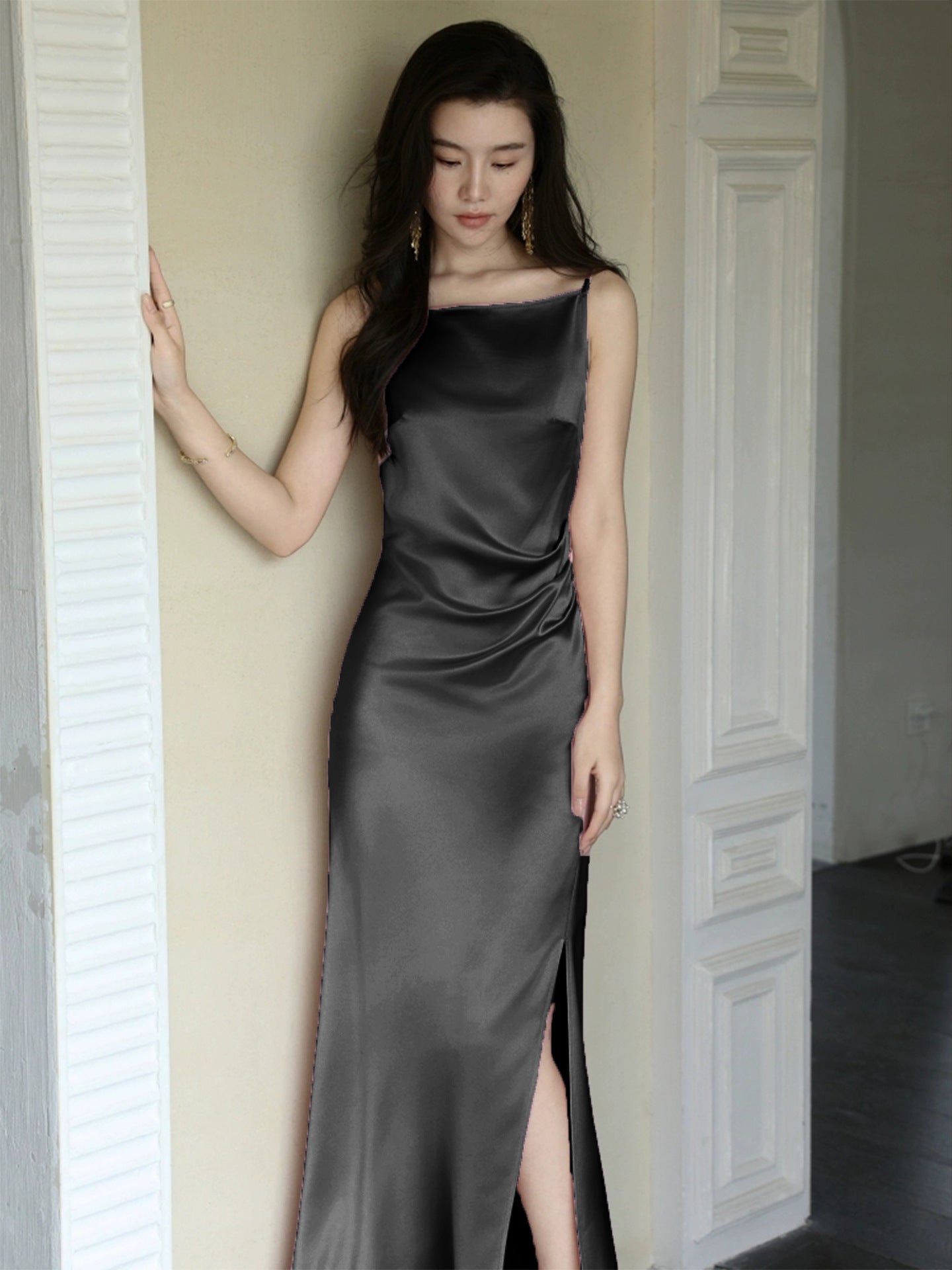 Haute couture imported satin acetic acid one-word collar suspender dress women's waist slit light luxury high-end long dress hip wrap