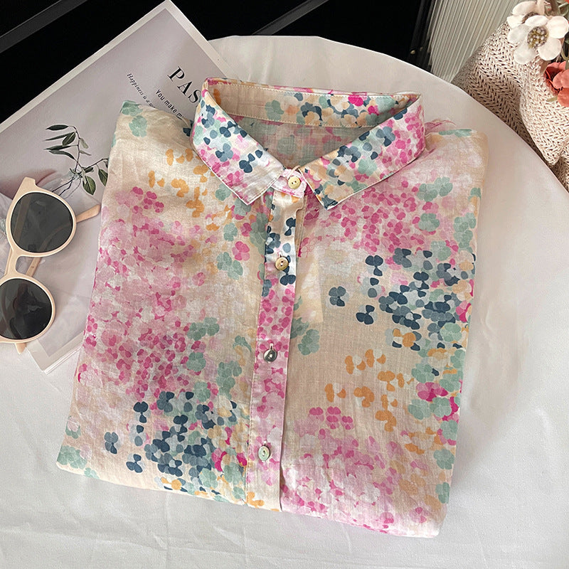 Real shot 2025 autumn new literary loose cotton and linen printed lapel long-sleeved shirt blouse top #9011