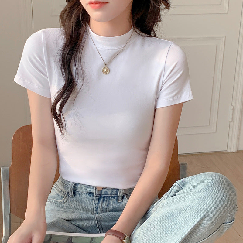 Short-sleeved T-shirt women's summer ins trendy Hong Kong style solid color semi-turtleneck base shirt skinny cropped top slim fit
